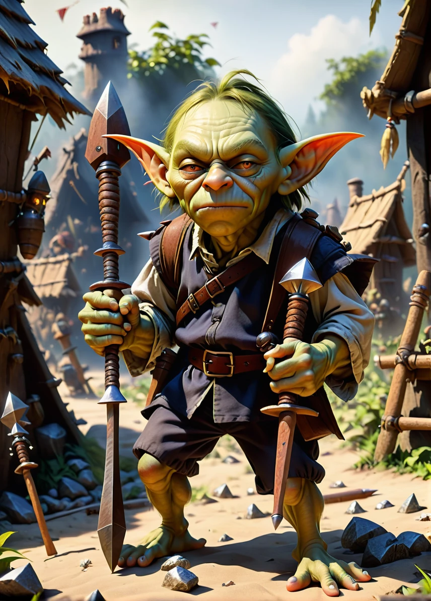 goblins, (goblin camp: 1.6), (angry goblins with wooden weapons: 1.1), (serious  look: 1.5),  primitive huts and bones, ((looking at viewer:1.2), (from side:0.8)), dirty, volumetric lighting dynamic lighting, real shadows, vibrant contrasting colors, style of Stephen Hickman and Stan Manoukian, ultra realistic, masterpiece, high quality, highres, sharp focus, intricate, sharp details, highly detailed, rich color, 8K,