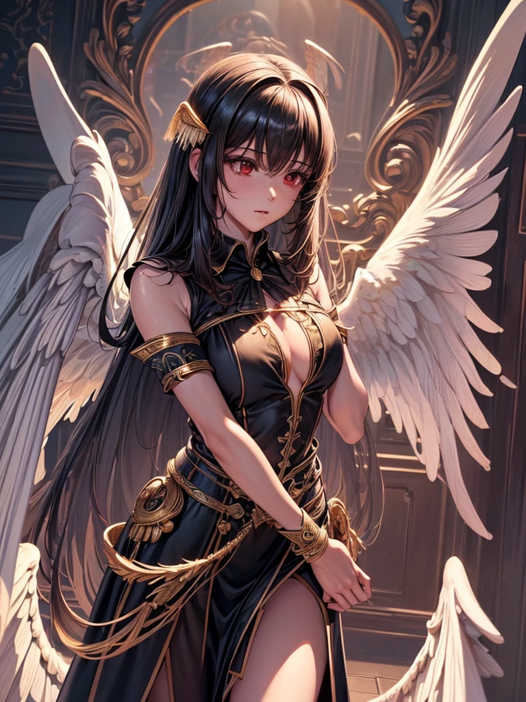 ((best quality)),(Ultra-high resolution),(Super detailed),(Detailed description),((Best CG))(Fantasy art with precise details:1.5), Black Hair，European classical long dress，(1 Female Angel:1.6),Angel Wings，side，Injuried，Blood，Fall，Serious expression