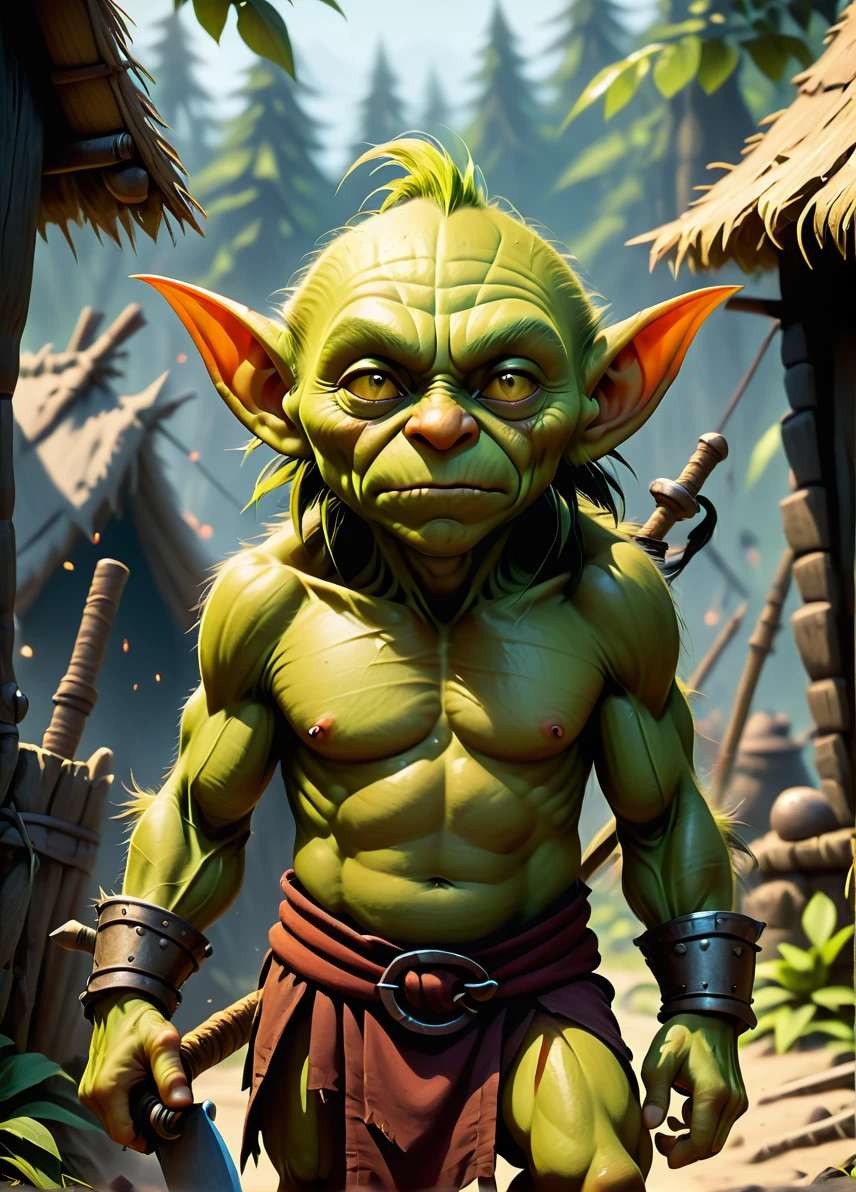 goblin savages, (goblin camp: 1.6), (angry goblins with club: 1.1), (angry look: 1.5), (loincloth: 1.5), (nasty and dirty: 1.8), primitive straw huts and bones, ((looking at viewer:1.2), (from side:0.8)), dirty, volumetric lighting dynamic lighting, real shadows, vibrant contrasting colors, style of Stephen Hickman and Stan Manoukian, ultra realistic, masterpiece, high quality, highres, sharp focus, intricate, sharp details, highly detailed, rich color, 8K,