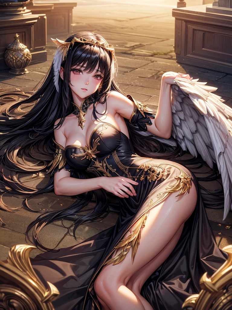 ((best quality)),(Ultra-high resolution),(Super detailed),(Detailed description),((Best CG))(Fantasy art with precise details:1.5), Black Hair，European classical long dress，(1 Female Angel:1.6),Angel Wings，side，Injuried，Blood，Fall，Serious expression