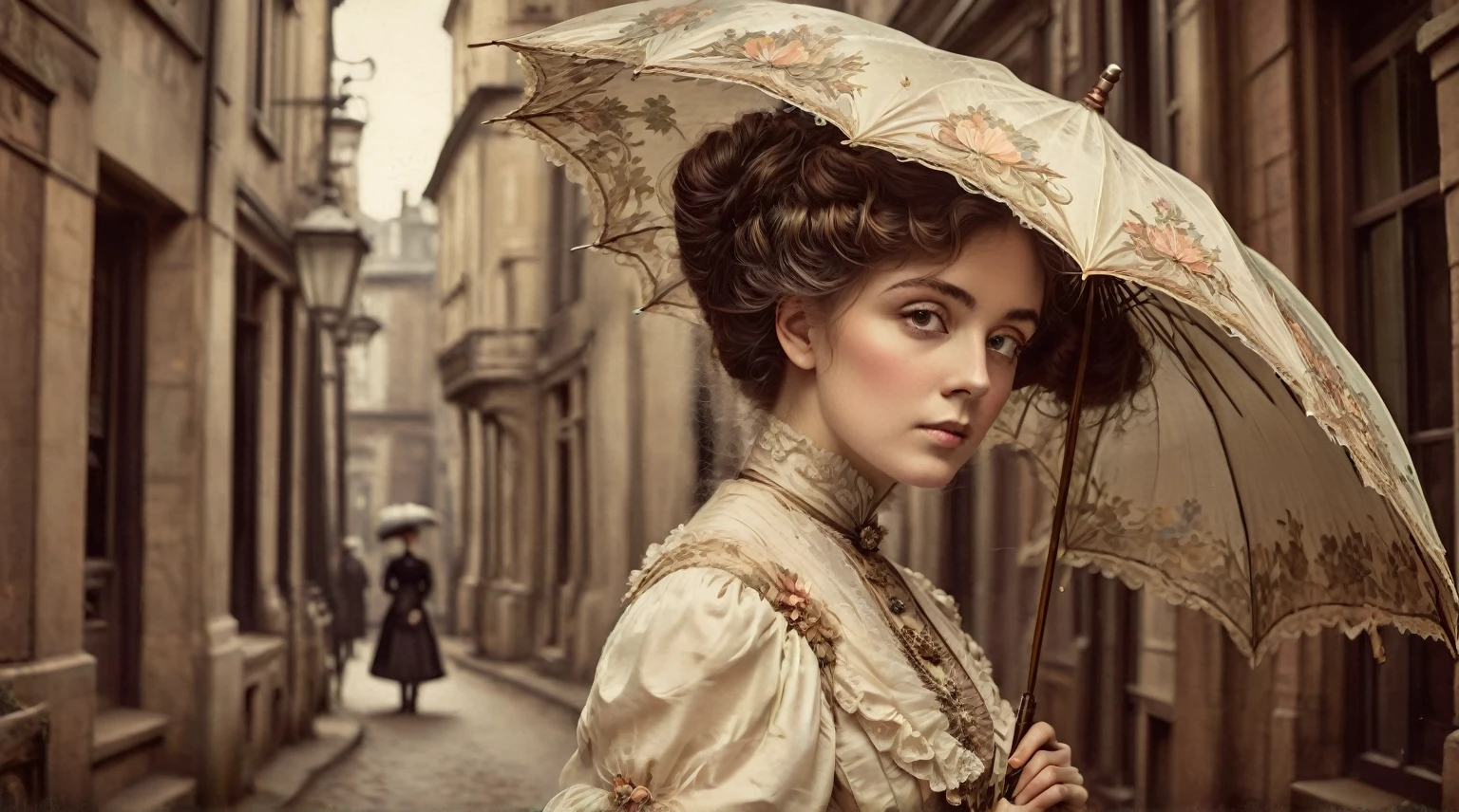 Auf der Straße steht eine Frau mit einem Regenschirm, eine schöne viktorianische Frau, Viktorianische Dame, Viktorianischer Stil costume, Jugendstil-Modefotografie, junge viktorianische traurige schicke Dame, Viktorianischer Stil, Viktorianisches Zeitalter, Viktorianisch inspirierte Kleidung, 1 8 8 0 s Stil, im Stil der Hochrenaissance, Retro Vintage und Romantik, Stehen mit einem Sonnenschirm