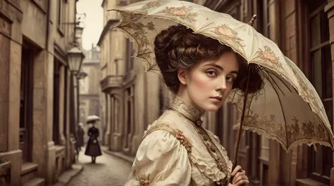 there is a woman with an umbrella standing in a street, a beautiful victorian woman, victorian lady, victorian style costume, ar...