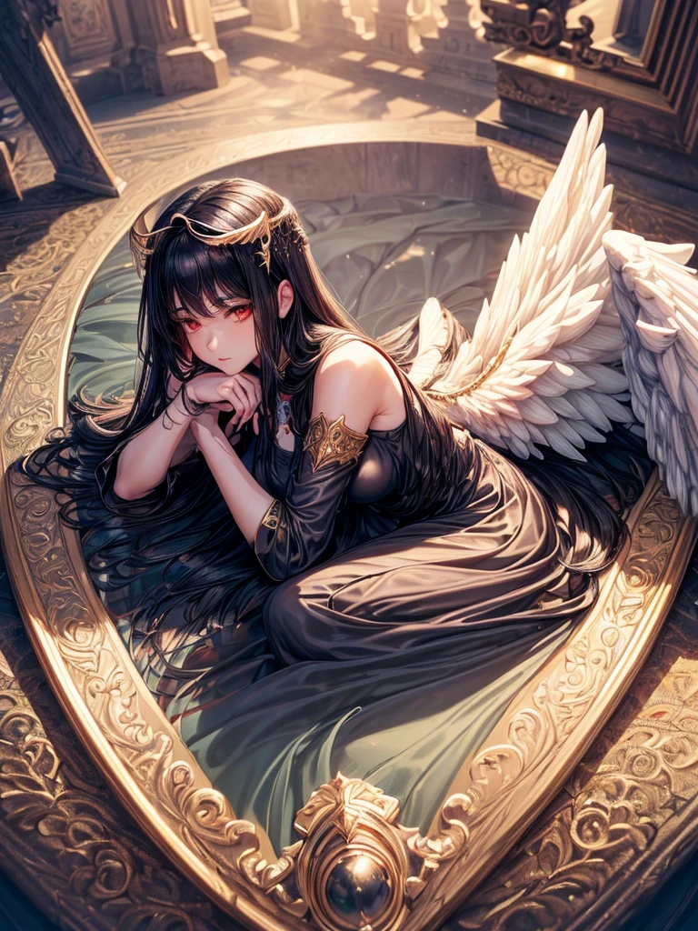 ((best quality)),(Ultra-high resolution),(Super detailed),(Detailed description),((Best CG))(Fantasy art with precise details:1.5), Black Hair，European classical long dress，(1 Female Angel:1.6),Angel Wings，side，Injuried，Blood，Half kneeling，Serious expression