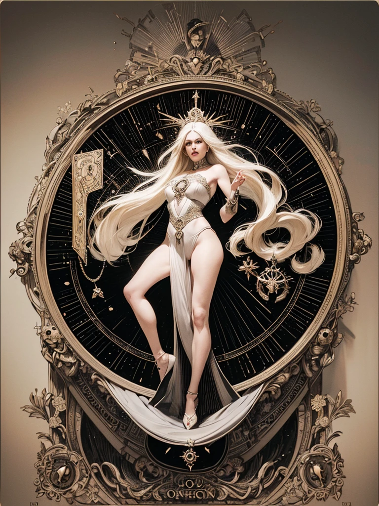 (best qualityer, work of art), (tarot, tarot card,:1.1) in full body photo, platinum blonde woman solo as the powerful Lady Death, ((doradas card frames)), ((esoteric symbols)), sigils, black backdrop, doradas, esoteric and glorious, epic background, Vibe Epic, in the artstyle of Mucha and in the style of tarot card