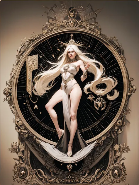 (best qualityer, work of art), (tarot, tarot card,:1.1) in full body photo, platinum blonde woman solo as the powerful Lady Deat...