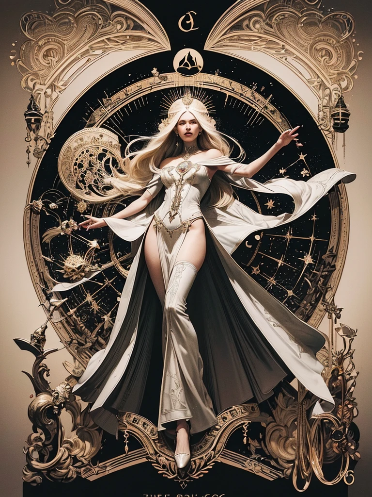 (melhor qualidader, Trabalho de arte), (tarô, tarô card,:1.1) em foto de corpo inteiro, mulher loira platinada sozinha como a poderosa Lady Death, ((doradas card frames)), ((símbolos esotéricos)), sigils, pano de fundo preto, doradas, esotérico e glorioso, fundo épico, Vibe Épico, in the artstyle of Mucha and in the style of tarô card