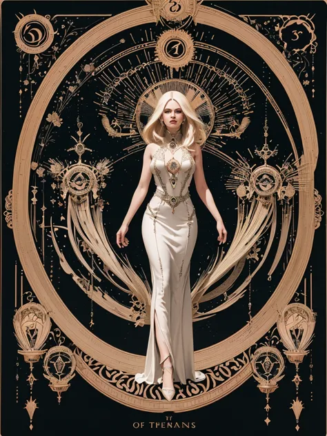 (best qualityer, work of art), (tarot, tarot card,:1.1) in full body photo, platinum blonde woman solo as the powerful Lady Deat...