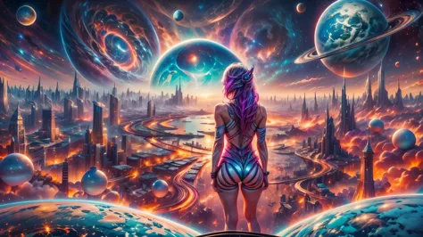 there is a woman standing in front of a painting of a planet, futuristic city in background, psytrance artwork, interconnected h...