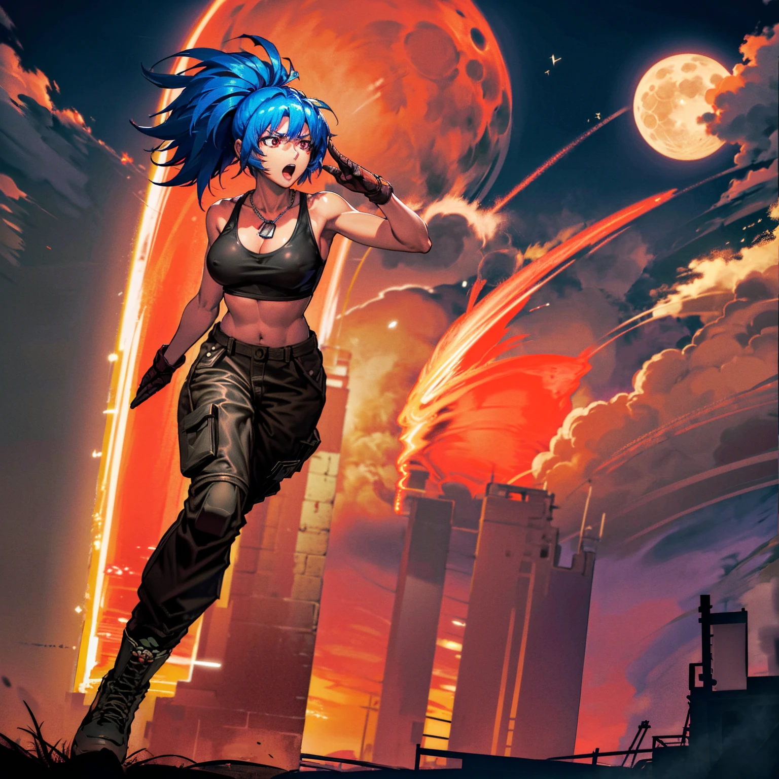 (masterpiece, highest quality, ultra high res, ultra detailed:1.3), 1 girl, ideal ratio body proportions, red eyes, (blue hair:1.2), high ponytail, unruly hair, brown tank top, military pants, military boots, bare shoulders, bare arms, open finger gloves, dog tag, full moon, night time, tank top covered nipples, shout,open_mouth,