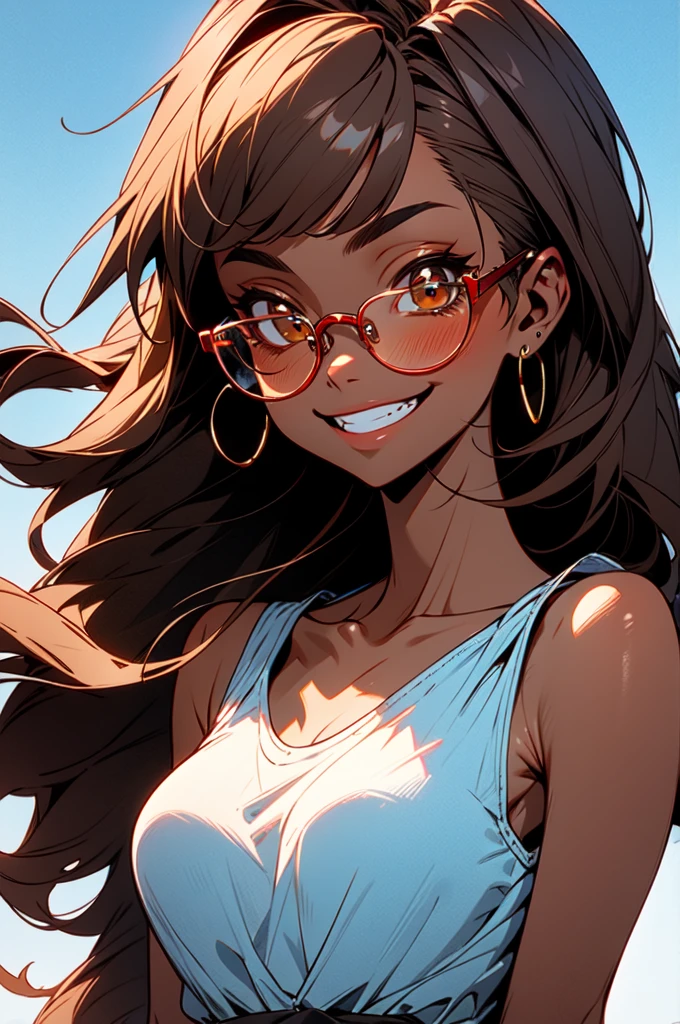 1 Girl、solo、 brown hair、dark skin、(dark skin) 、glasses、Ultra-high definition eyes、Upper body close-up、Brown eyes、hair bangs、long hair、Casual clothes、blue sky、Grin、shoulder