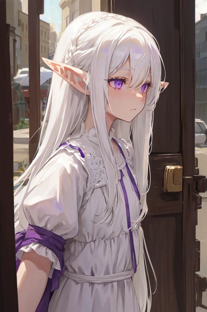 white hair , lush, long hair , elf ears , purple eyes , lifeless , Old and shabby white dress , dusty , dark , hurtful , Bloody , 