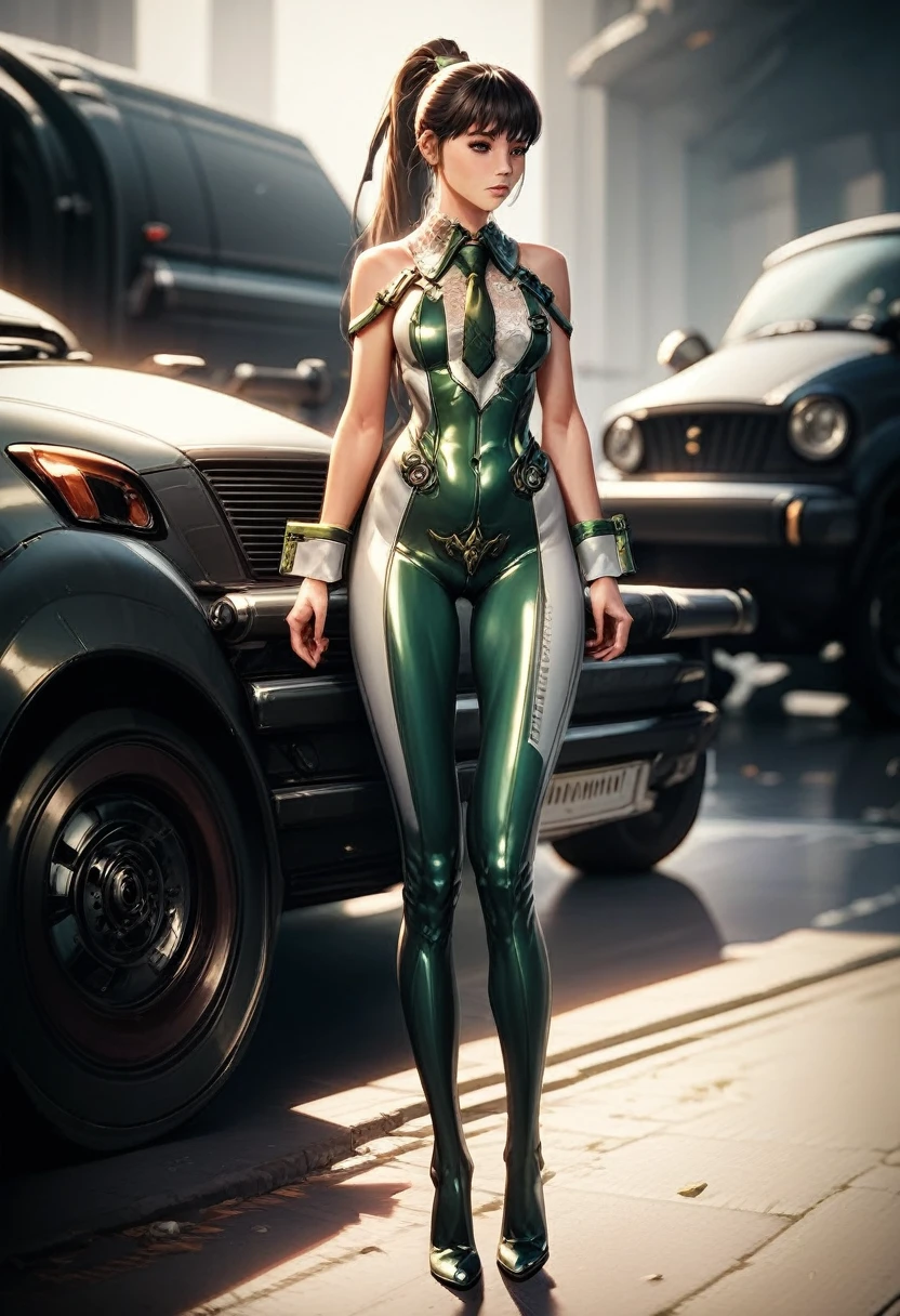 eve (star_blade), One, looking в сторону, bodysuit, tie, land vehicle, standing, looking, brilliant clothes, automobile, the skin is thick, whole body, bare shoulders, lips, green tie, Medium breasts, wrist cuffs, brilliant, sleeveless, high heels, BREAK , zPDXL, check_9, check_8_up, check_7_up, check_6_up, check_5_up, check_4_up