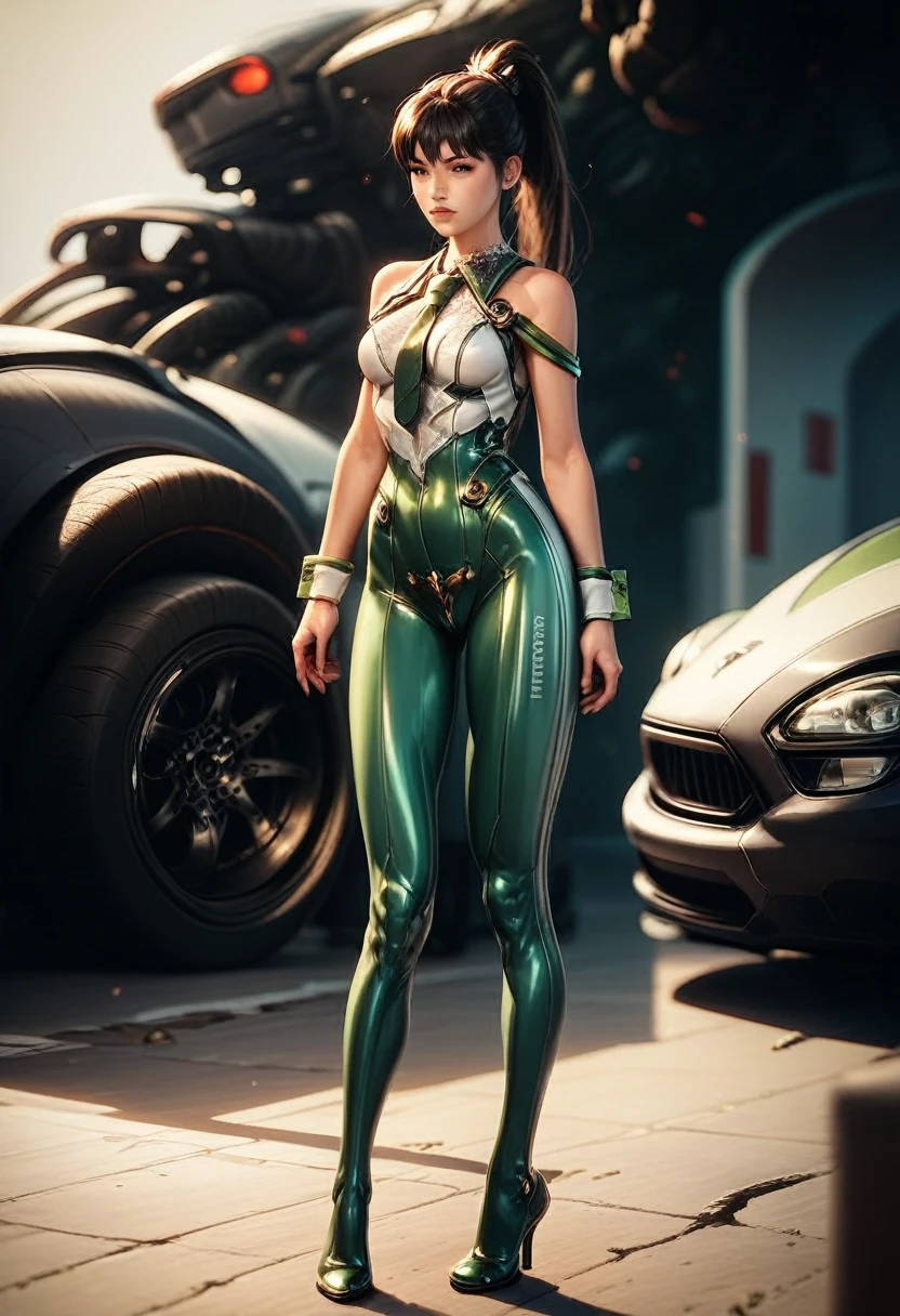 eve (star_blade), One, looking в сторону, bodysuit, tie, land vehicle, standing, looking, brilliant clothes, automobile, the skin is thick, whole body, bare shoulders, lips, green tie, Medium breasts, wrist cuffs, brilliant, sleeveless, high heels, BREAK , zPDXL, check_9, check_8_up, check_7_up, check_6_up, check_5_up, check_4_up