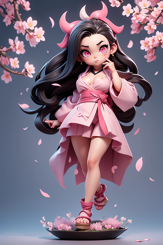 1 woman, full body, nezuko kamado oni mode, with bamboo in her mouth, demon hunter, Kimetsu no yaiba, beautiful, long hair, pink eyes, perfect, ultra hd, naked, showing her breasts, showing her pussy, nails like claws, perfect feet, demon hunter scenario, under a sakura tree, sakura leaves falling from the sky, angry face, beautiful feet, beautiful pussy, beautiful tits, legs open (showing the pussy in great detail)