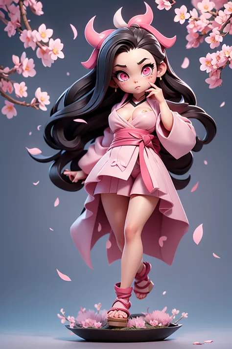 1 woman, full body, nezuko kamado oni mode, with bamboo in her mouth, demon hunter, Kimetsu no yaiba, beautiful, long hair, pink...