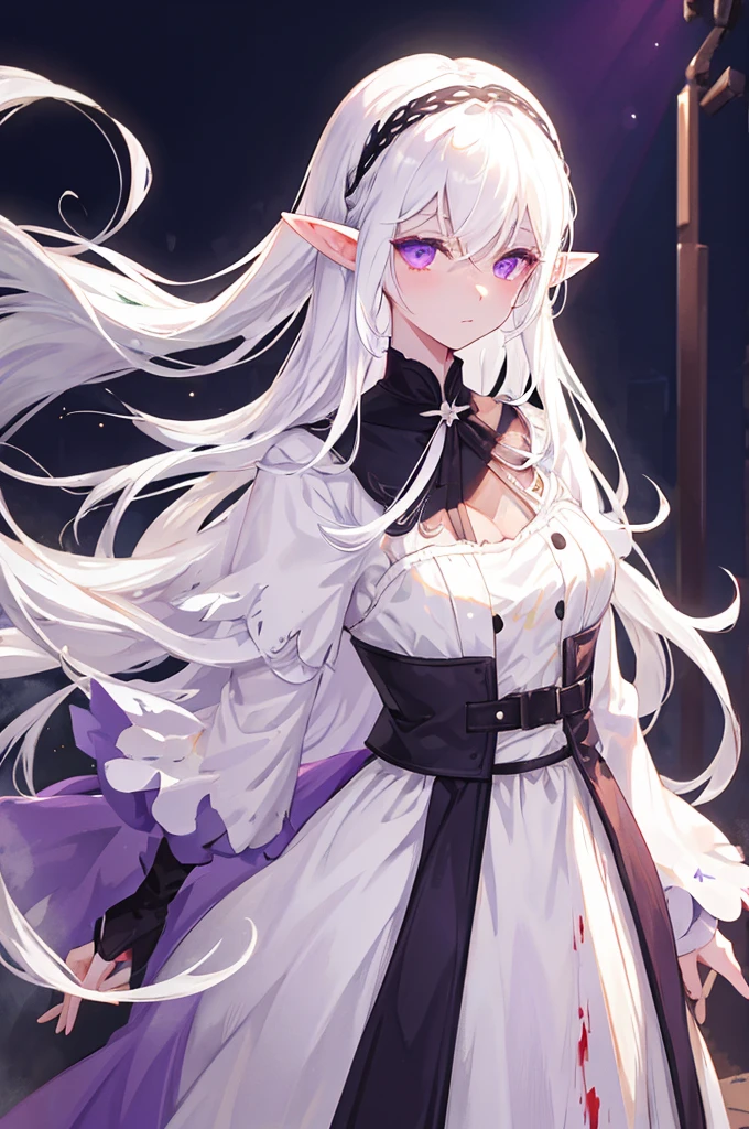 white hair , lush, long hair , elf ears , purple eyes , lifeless , Old and shabby white dress , dusty , dark , hurtful , Bloody , 1 people , 独奏 , dark 방 , night background