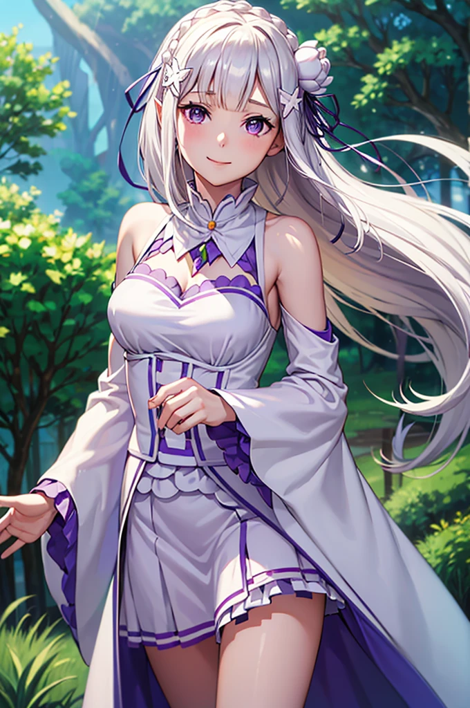 (masterpiece:1.3), (best quality:1.1), (8k, ultra detailed, ultra high res:1.2), ((anime style)), perfect 5 fingers, perfect anatomy, 
1girl,
emilia, 
emilia\(re:zero\),
long hair, low-tied long hair, braid, crown braid, 
white hair, 
shutting eyes, 
pointy ears, 
flower, hair flower, hair ornament, hair ribbon, white flower, x hair ornament, 
BREAK medium breasts, 
dress, pink dress, bare shoulders, detached collar, long sleeves, shoulder cutout, wide sleeves, white sleeves, 
(smile:1.2), 
looking at viewer, 
cowboy shot, 
standing, Waving gesture, outdoor, forest, sky, 