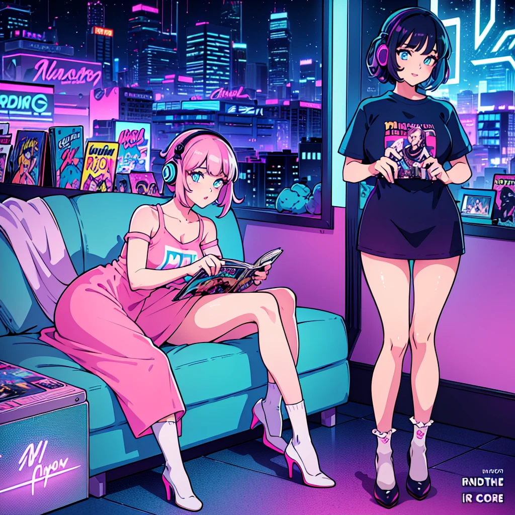 (masterpiece), Highest quality, Expressive eyes, Neon pastel aesthetics, Retro 90s, Neon color,((Girl sitting on sofa,In a cozy room,Records hanging on her wall, Comic books on the floor, Looking out the window behind her at the night city, Upholstered room, Anime figures lined up on a shelf)), Wearing headphones, (All around her it sparkles), (Wearing high socks and heels), (blue eyes), (Soft look), (Synthwave Art Style), Colorful Hair, Desk with PC set up