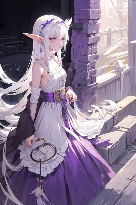 white hair , lush, long hair , elf ears , purple eyes , lifeless , old and shabby white dress , dusty , dark , hurtful  , 1 peop...