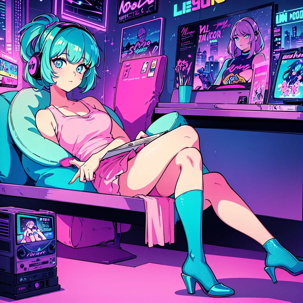 (masterpiece), Highest quality, Expressive eyes, Neon pastel aesthetics, Retro 90s, Neon color,((Girl sitting on sofa,In a cozy room,Records hanging on her wall, Comic books on the floor, Looking out the window behind her at the night city, Upholstered room, Anime figures lined up on a shelf)), Wearing headphones, (All around her it sparkles), (Wearing high socks and heels), (blue eyes), (Soft look), (Synthwave Art Style), Colorful Hair, Desk with PC set up