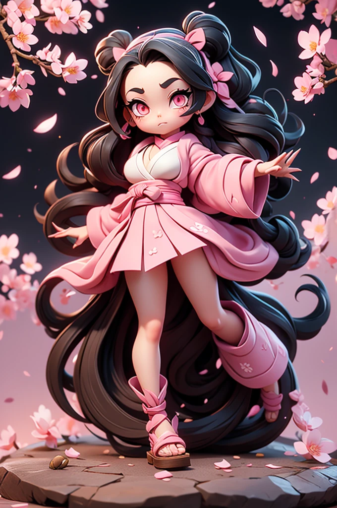 1 woman, full body, nezuko kamado oni mode, with bamboo in her mouth, demon hunter, Kimetsu no yaiba, beautiful, long hair, pink eyes, perfect, ultra hd, naked, showing her breasts, showing her pussy, nails like claws, perfect feet, demon hunter scenario, under a sakura tree, sakura leaves falling from the sky, angry face, beautiful feet, beautiful pussy, beautiful tits, legs open (showing the pussy in great detail)