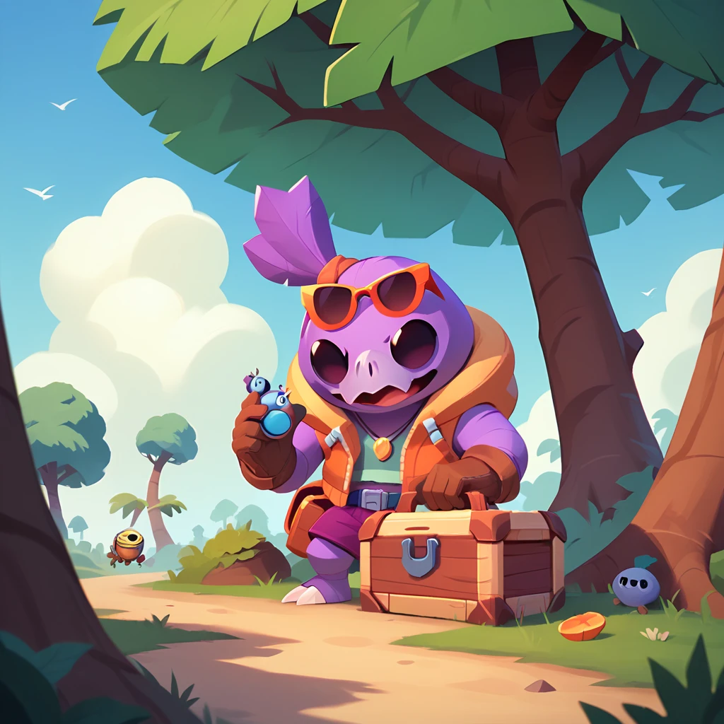 a living tree trunk creature, sunglasses, wearing purple shorts and gloves