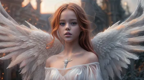 (Kristina Pimenova ginger hair teen girl,13 years old with stunning gothic white archangel wings in fire:1.6),  (naked, nude:1.8...