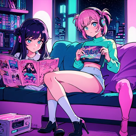 (masterpiece), Highest quality, Expressive eyes, Neon pastel aesthetics, Retro 90s, Neon color,((Girl sitting on sofa,In a cozy ...