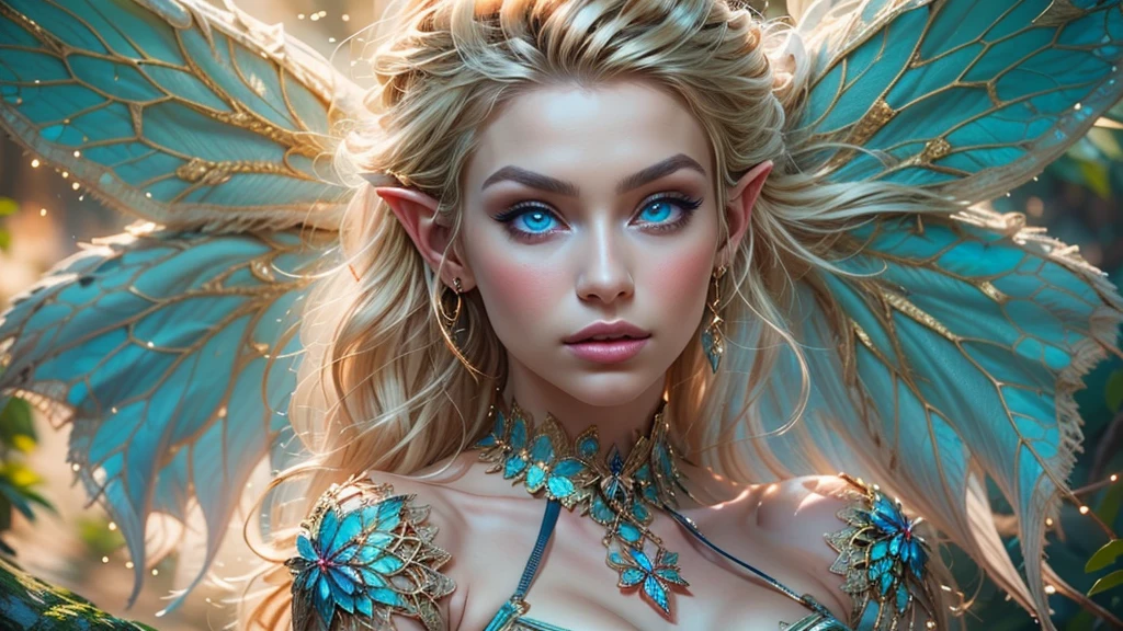 (Beautiful woman, detailed makeup, detailed facial features, Glowing blue eyes, seductive expression, blonde hair, large breasts:1.3, realistic elf ear, four fingers on each hand, detailed fingers, proportional hands, massive butterfly wings in the center of her back attached between the shoulder blades, detailed proportional body, thin body, toned muscles, sitting, detailed proportional legs, Spread legs, shaved legs), (silk bustier, scrunch thong, see through lace:1.3), (oak forest, calm lake, stary sky, moon light, fantasy setting, orbs), (golden ratio, Best Quality:1.4), (Ultra-detailed), (extremely detailed CG unified 8k wallpaper), (Highly detailed, RAW Photos, Professional Photography:1.4), plein air, Illumination, (Super fancy photos:1.4), (Dazzling light), Radiant Photography, depth of fields, 