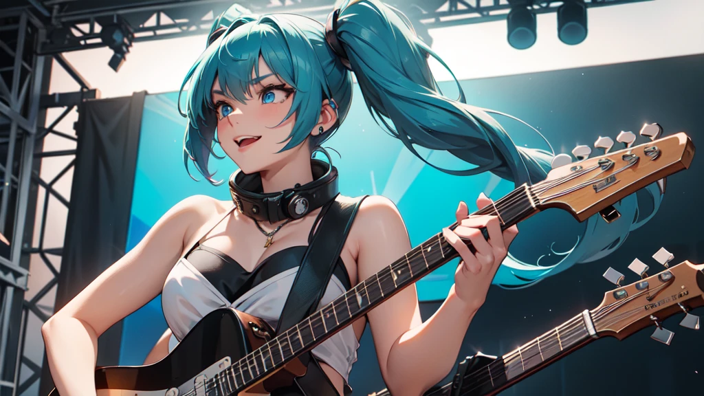 A masterpiece of a young woman, showcasing her unique style and musical talents. Outside on a beach stage, she stands confidently with one leg slightly raised, her electric guitar slung over her shoulder. Her striking features include piercing blue eyes, a twintail adorned with teal hair extensions, two piece black bikini that accentuates her toned physique, while headphones wrap around her neck, a symbol of her passion for music. As she plays the guitar, her long hair cascades down her back, a mesmerizing sight as she sings with conviction, smiling, upper body, 