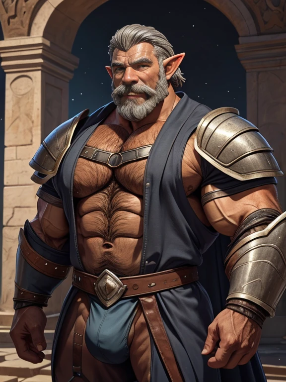 burly virile hairy elf, in a suit of armor, a himbo muscle daddy, middle-aged dilf, hirsute, overmuscular and musclebound, bulging veiny muscles, a warrior's build, a bodybuilder's physique, long bushy and a thick mustache, a square jaw, handsome and dreamy, rugged and manly, grey hair, a gladiator in the arena