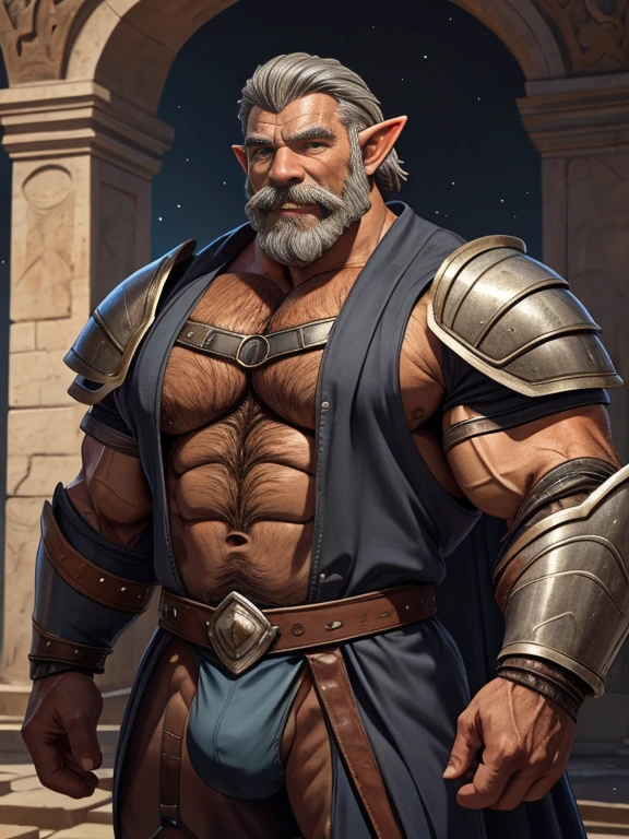 elfo corpulento, viril e peludo, em uma armadura, um papai musculoso himbo, dilf de meia idade, hirsuto, excessivamente musculoso e musculoso, músculos venosos salientes, construção de um guerreiro, físico de um fisiculturista, longo e espesso e um bigode grosso, uma mandíbula quadrada, lindo e sonhador, robusto e viril, cabelo cinza, um gladiador na arena