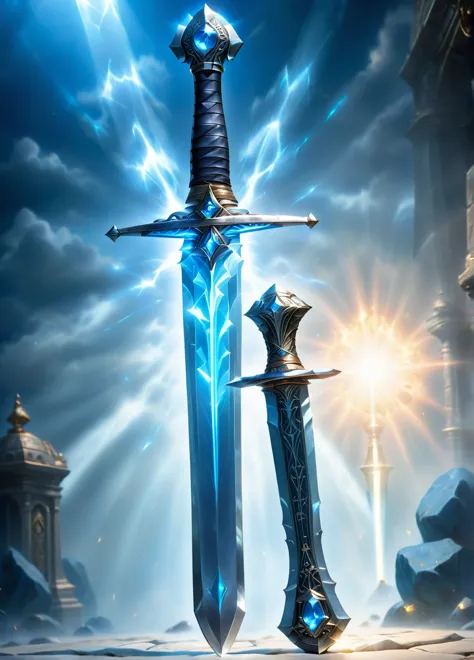 sword, (magic sword with blue stone: 1.6), (silver sword: 1.1), (light blue glow: 1.5), treasure vault background, ((looking at ...