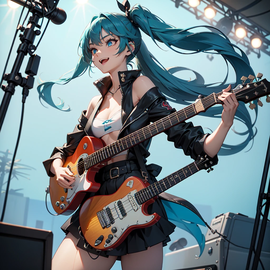 A masterpiece of a young woman, showcasing her unique style and musical talents. Outside on a beach stage, she stands confidently with one leg slightly raised, her electric guitar slung over her shoulder. Her striking features include piercing blue eyes, a twintail adorned with teal hair extensions, two piece black bikini that accentuates her toned physique, while headphones wrap around her neck, a symbol of her passion for music. As she plays the guitar, her long hair cascades down her back, a mesmerizing sight as she sings with conviction, smiling, upper body, 