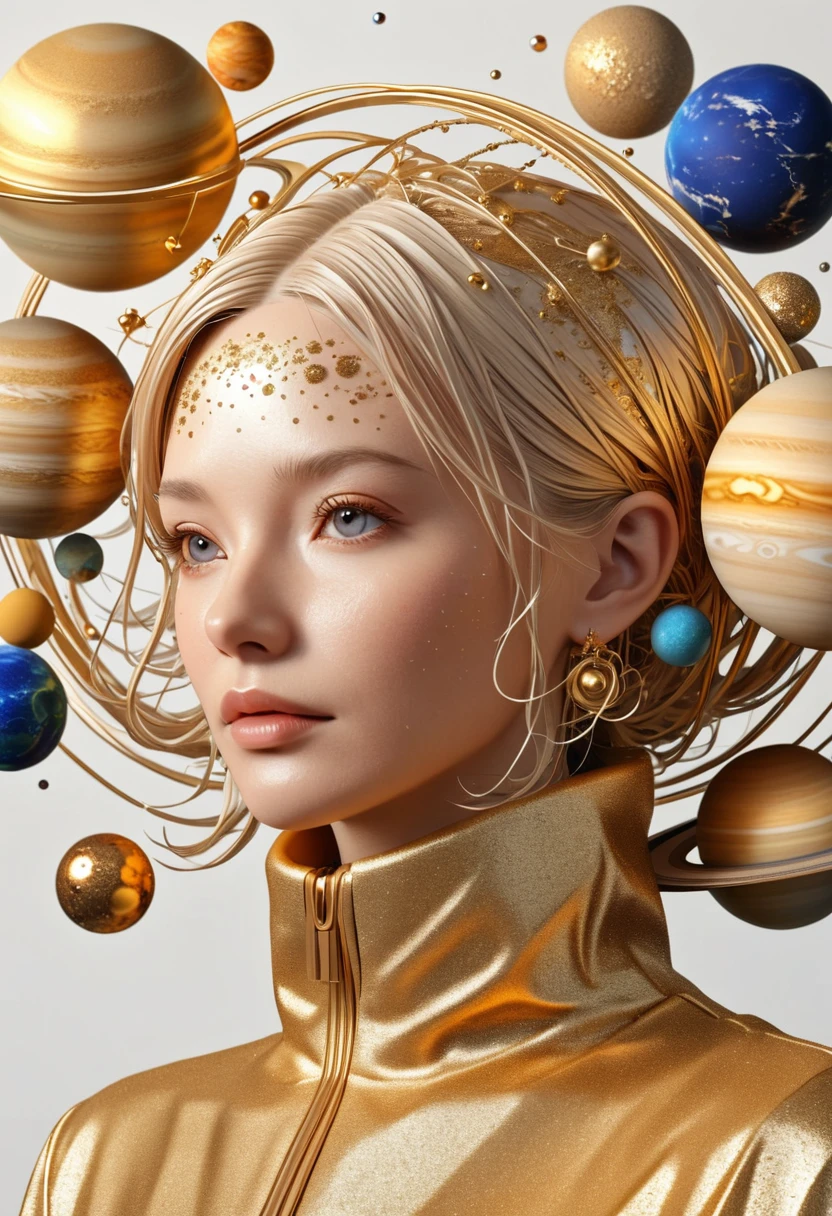 ein hochdetailliertes und filigranes 3D-Porträt einer Person, goldene Farbe, umgeben von vielen umlaufenden Planeten mit komplexen Planetenverzierungen, Studiobeleuchtung, weißer Hintergrund，Einfach und sauber，Licht und Schatten，