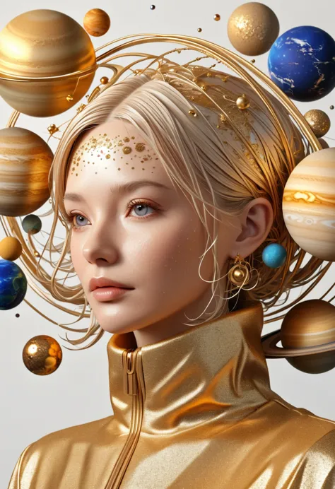 a highly detailed and intricate 3D portrait of a person, golden color, surrounded by many orbiting planets with complex planetar...
