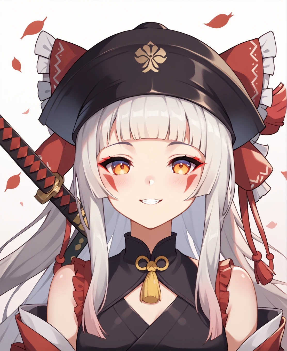 Anime girl with a sword and hat, onmyoji portrait, The Detailed Art of the Onmyoji, onmyoji, From the Azur Lane video game, White-haired God, Katana Zero video game characters, Azur Lane Style, Gap Moe Yandere grimdark, Gap Moe Yandere, Artistic rendering of Reimu Hakurei, April Rendering