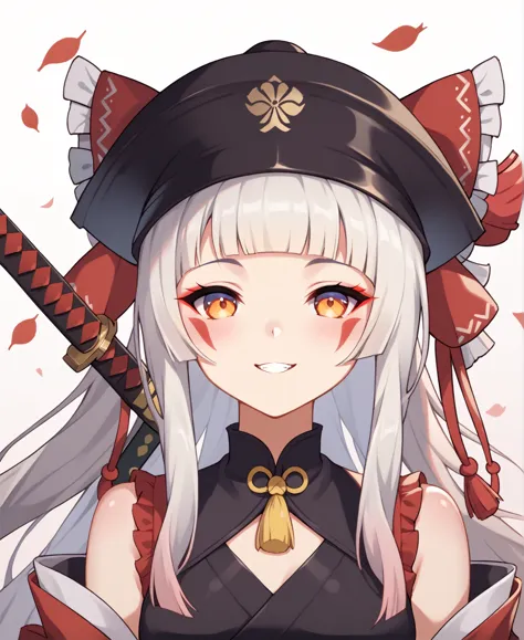 anime girl with a sword and hat, onmyoji portrait, the detailed art of the onmyoji, onmyoji, from the azur lane video game, whit...