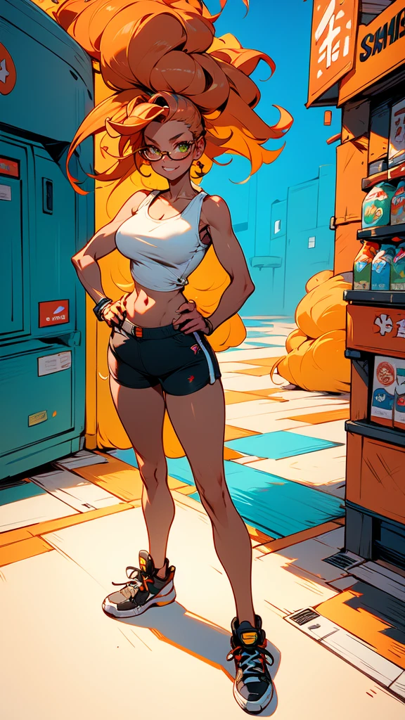 1 woman , wavy orange hair , green eyes , Cunning face , Wear glasses , white tank top , black shorts belly , big breasts , Long legs , Put your hands on your hips. , Sneakers, convenience store