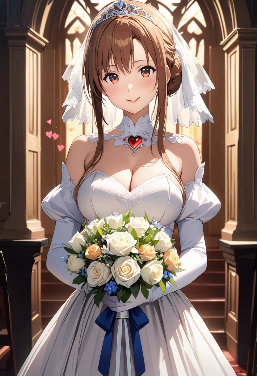 Highest quality、Super detailed、High resolution illustrations、Ultra-high-definition CG、８k size wallpaper、Production Art、Light novel illustrations、（１People Girls)、asuna yuuki, hair bun bridal、bangs, brown hair, brown eyes, bare shoulders, detached sleeves, white dress, Crimson Lipstick、A smile full of happiness、Puff sleeves、hair bun、Bridal Veil、tiara、Cleavage cutouts、Red brooch、Wedding dress、White Dress、White Gloves、Long skirt、White Stockings、White stiletto heels、Holding a bouquet in both hands、Full Body、hyperrealistic、(((spoken heart:1.5)))、