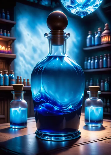 mana potion, (blue liquid in bottle: 1.6), (light blue glow: 1.5), potion shop background, ((looking at viewer:1.2), (from side:...