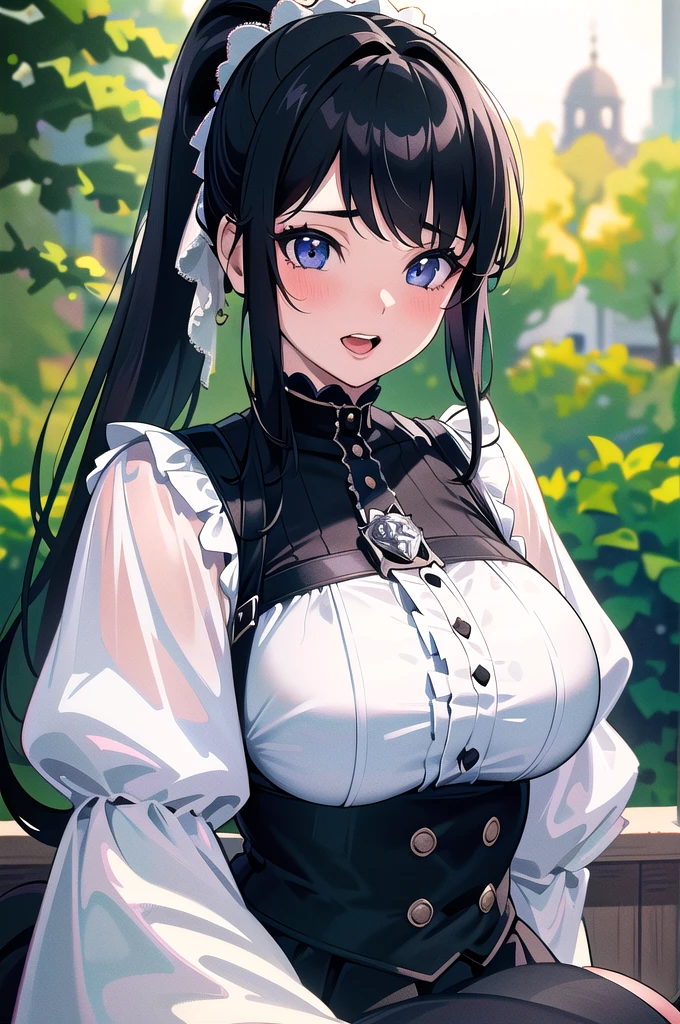 20 years old,1 girl, extremely thick thighs, hyperrealistic, 8k, (extremely detailed 8k), (very delicate and beautiful), (masterpiece), (better quality:1.0), (ultra high resolution:1.0), (masterpiece, best quality), cute,black hair,laugh with open mouth,gothic lolita,,leaning forward,ponytail,upper body,POV