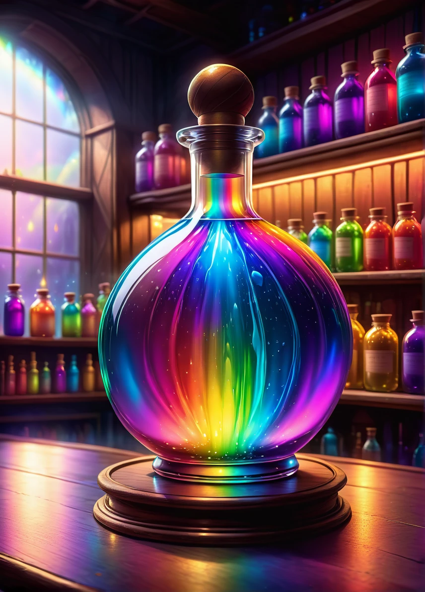 elixir potion, (rainbow liquid in round bottle: 1.6), (light rainbow glow: 1.5), potion shop background, ((looking at viewer:1.2), (from side:0.8)), volumetric lighting dynamic lighting, real shadows, vibrant contrasting colors, style of Stephen Hickman and Stan Manoukian, ultra realistic, masterpiece, high quality, highres, sharp focus, intricate, sharp details, highly detailed, rich color, 8K,