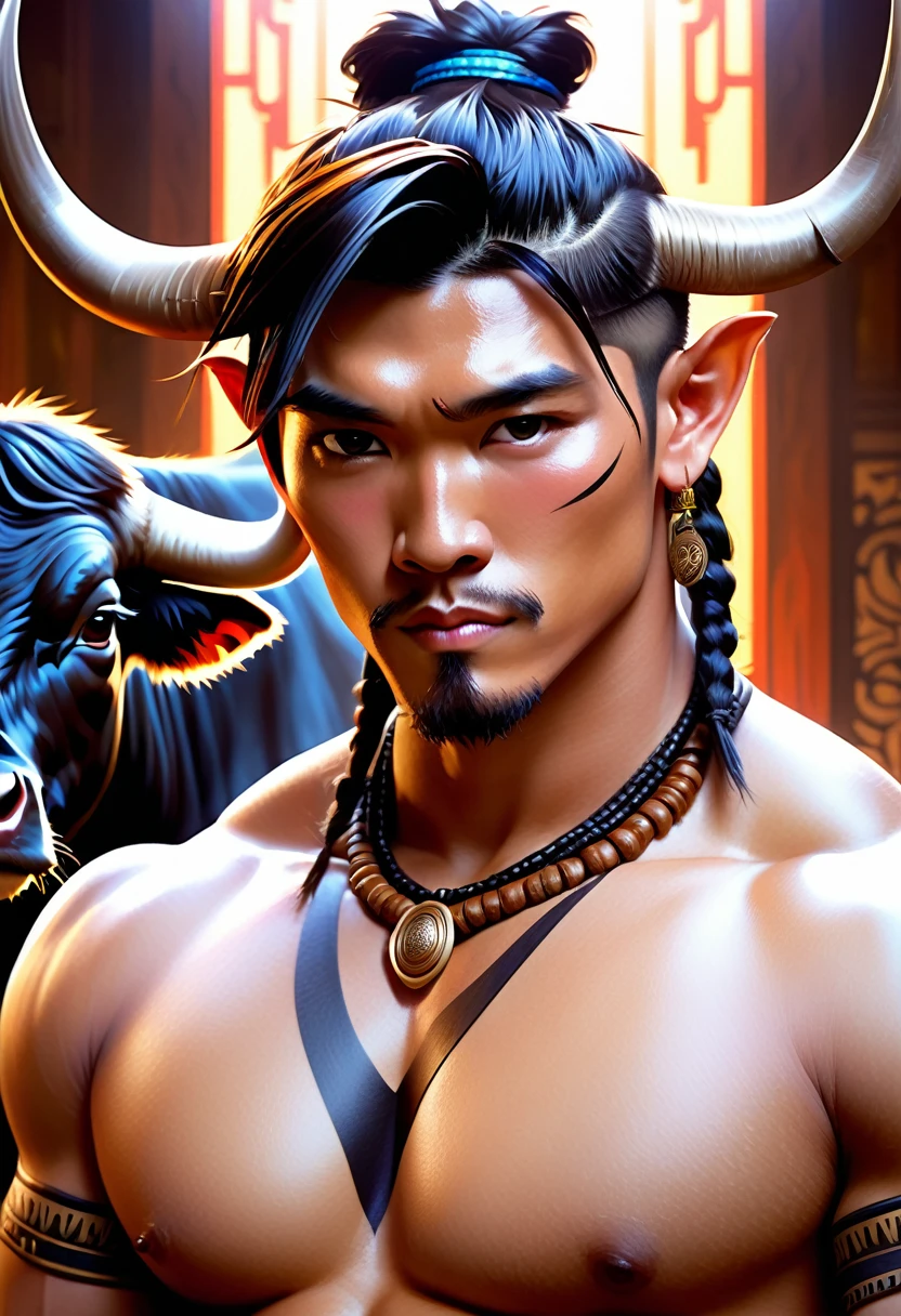 Half man half asian black bull, tribal, Frozen Empire, caramel stylised hair style, realistic shaded lighting poster by ilya kuvshinov katsuhiro, magali villeneuve, artgerm, jeremy lipkin and michael garmash, rob rey and kentaro miura style, trending on art station