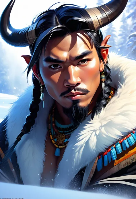 half man half asian black bull, tribal, frozen empire, caramel stylised hair style, realistic shaded lighting poster by ilya kuv...