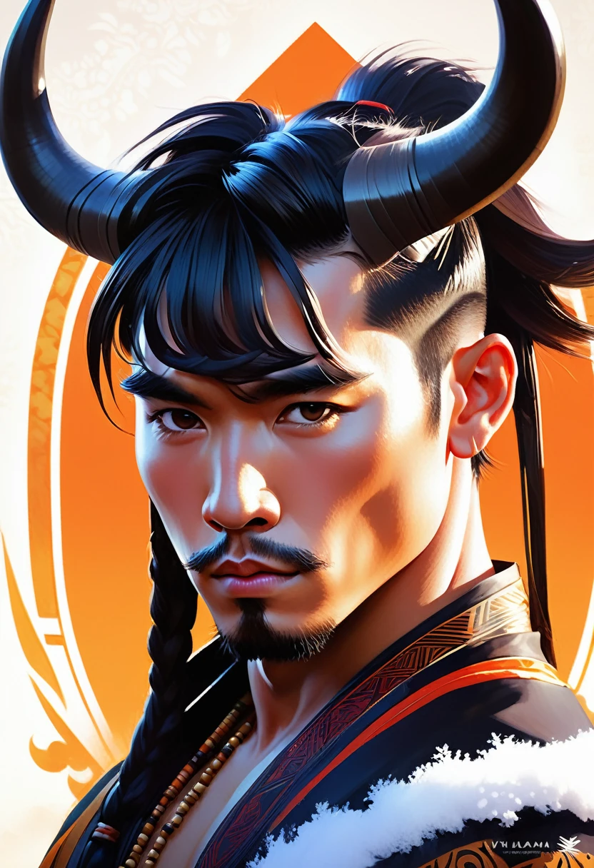 Half man half asian black bull, tribal, Frozen Empire, caramel stylised hair style, realistic shaded lighting poster by ilya kuvshinov katsuhiro, magali villeneuve, artgerm, jeremy lipkin and michael garmash, rob rey and kentaro miura style, trending on art station