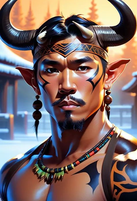 half man half asian black bull, tribal, frozen empire, caramel stylised hair style, realistic shaded lighting poster by ilya kuv...