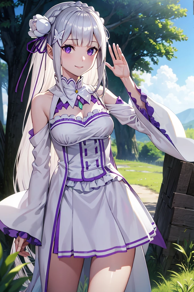 (masterpiece:1.3), (best quality:1.1), (8k, ultra detailed, ultra high res:1.2), ((anime style)), (perfect 5 fingers:1.2), perfect anatomy, 
1girl,
emilia\(re:zero\),
long hair, low-tied long hair, braid, crown braid, 
white hair, 
purple eyes, 
(pointy ears:0.8), 
flower, hair flower, hair ornament, hair ribbon, white flower, x hair ornament, 
BREAK medium breasts, 
dress, pink dress, bare shoulders, detached collar, long sleeves, shoulder cutout, wide sleeves, white sleeves, 
(light smile:1.3), 
looking at viewer, 
upper body,  
BREAK standing, (Waving hand:1.3), outdoor, forest, sky, summer, 