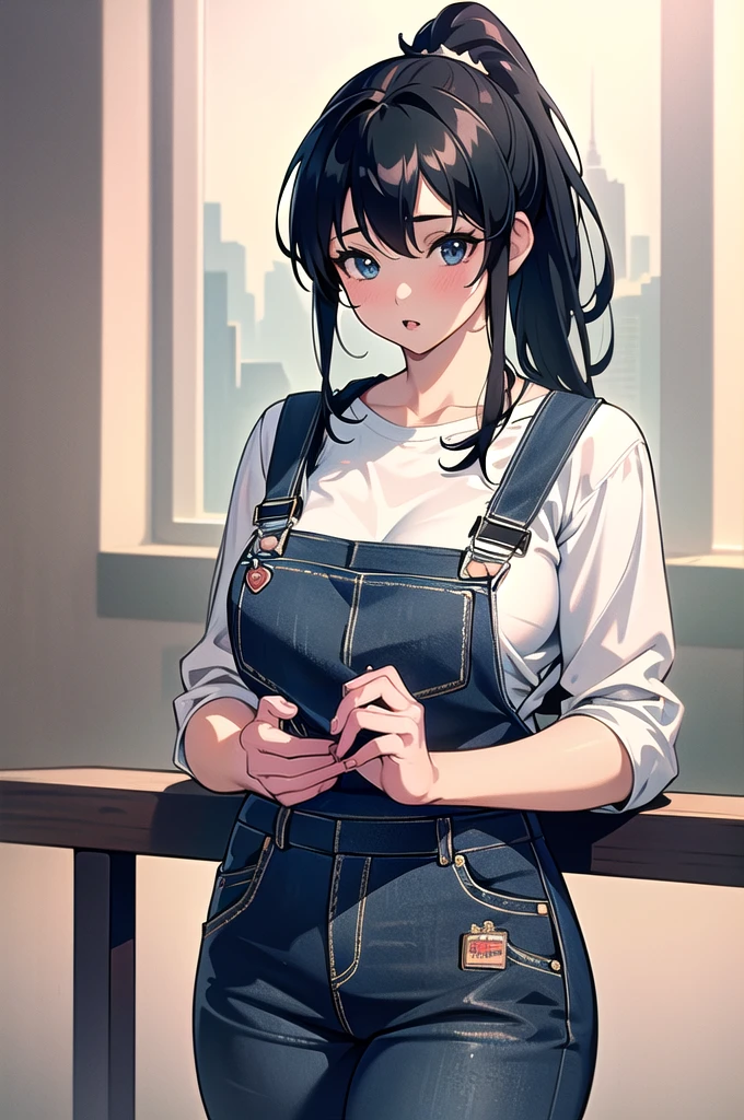 20 years old,1 girl, extremely thick thighs, hyperrealistic, 8k, (extremely detailed 8k), (very delicate and beautiful), (masterpiece), (better quality:1.0), (ultra high resolution:1.0), (masterpiece, best quality), cute,black hair,overalls,leaning forward,ponytail,upper body,POV