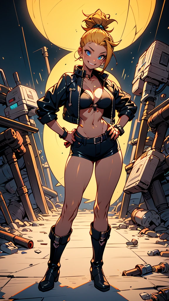 Masterpiece, best quality, Masterpiece, best quality, 1 woman , blue eyes , yellow ponytail , black leather jacket , sly face , smile , bikini , abdomen, big breasts , Long legs , boots , hands on hips , abandoned factory , at night